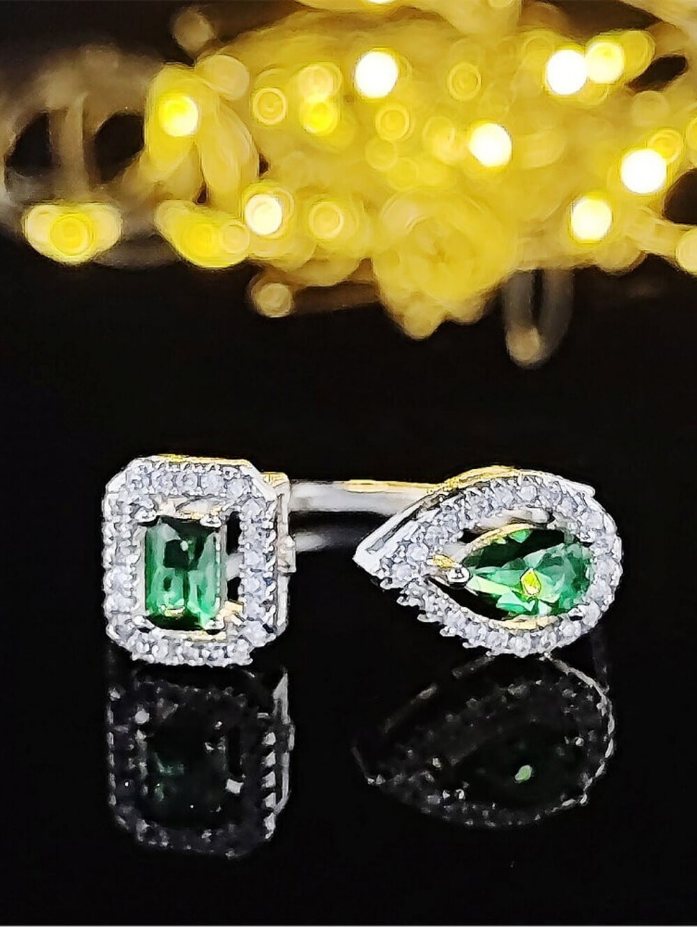 Elegant Emerald Open Cuff Bracelet & Adjustable Ring Set |Silver Tone CZ Jewelry - Picture 6 of 7